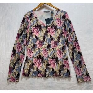 Liz Claiborne Mesh Top Women's XL V- Neck Long Sleeves Floral  Romantic Coquette